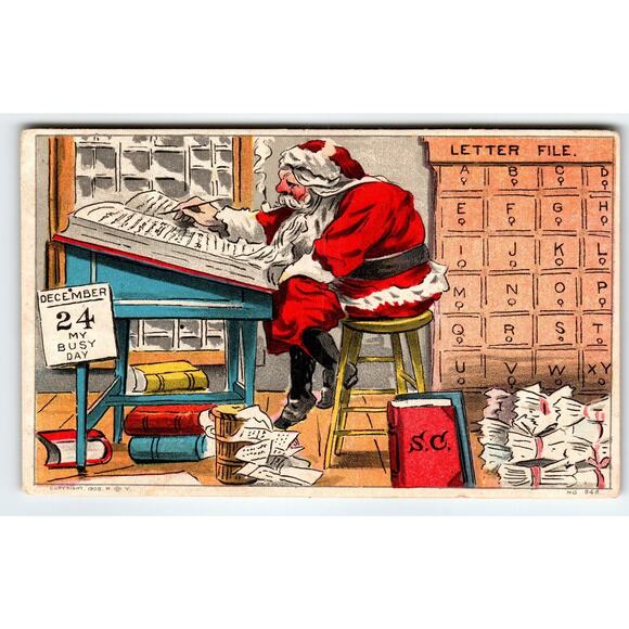 Vintage 1908 Santa Claus Christmas Postcard Letter File Scene Dec 24 Busy Day - Picture 1 of 2